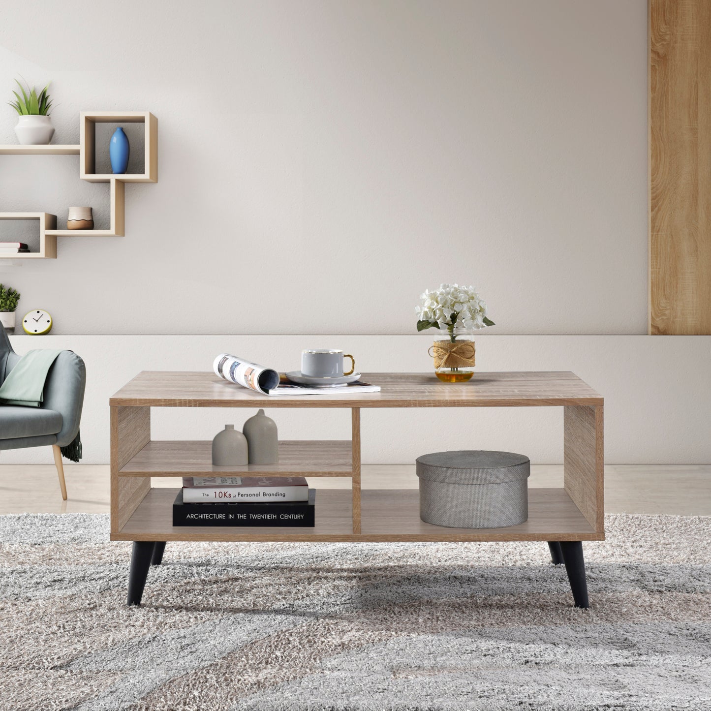 Ahri Coffee Table - Oak Minimalist Open Shelves with Black Legs