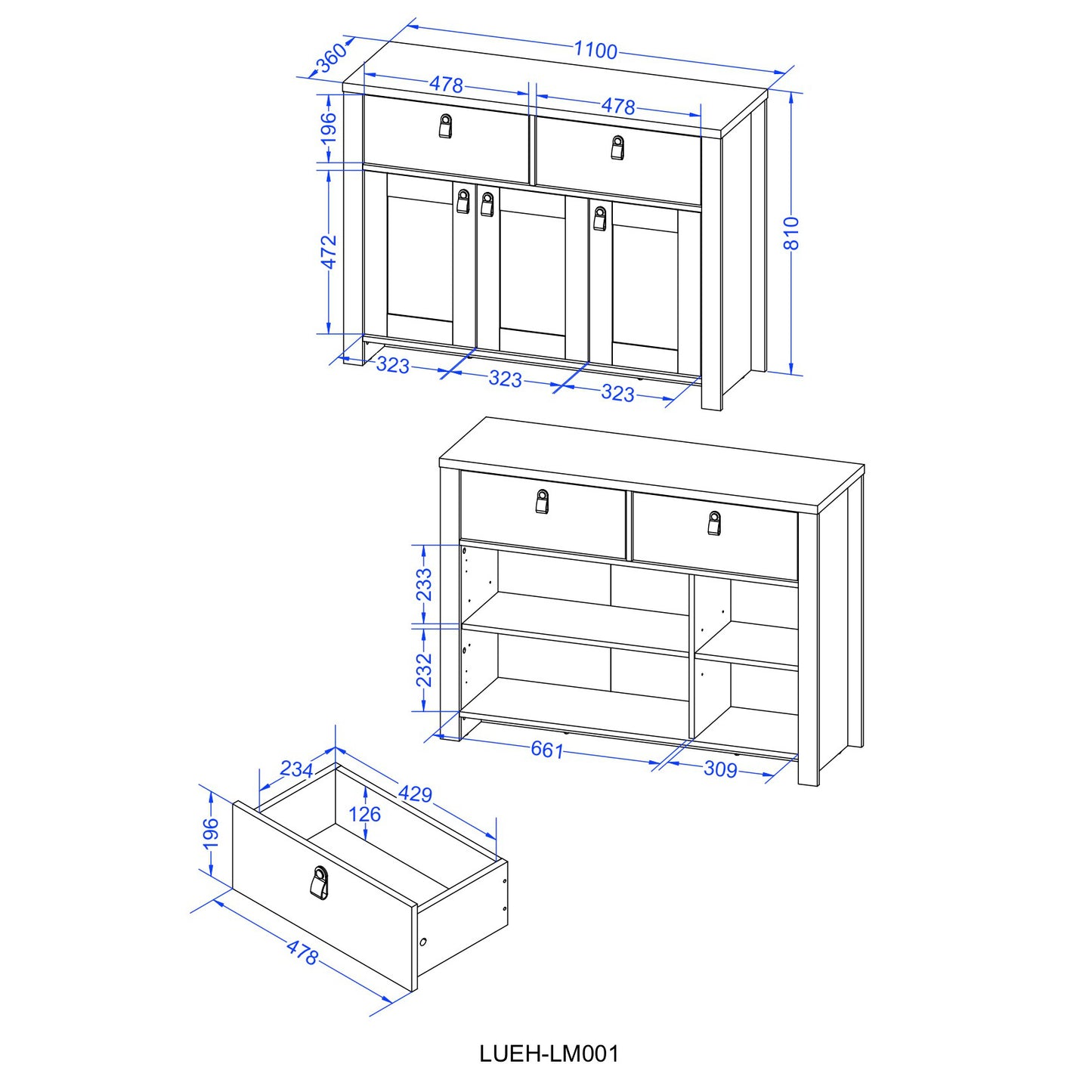 Echo 1.1m Sideboard Buffet Storage Cabinet with PU Leather Handles - Oak/ Light Grey